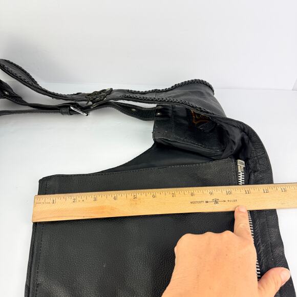 Black Leather side zip/snap motorcycle chaps Women's L Adj. Silver Buckle Waist - Picture 12 of 13